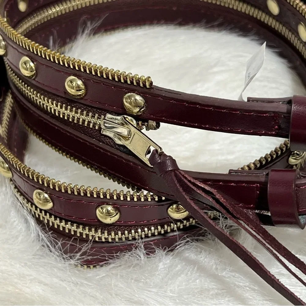 NWOT Rebecca‎ Minkoff Burgundy Burgundy Gold Studded Leather 2 Way Belt -- L